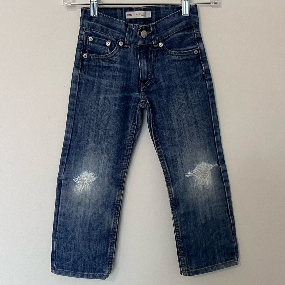 Levi's 514 Straight Jeans Medium Blue Distressed Kids Unisex Boy Girl Size 5 Reg